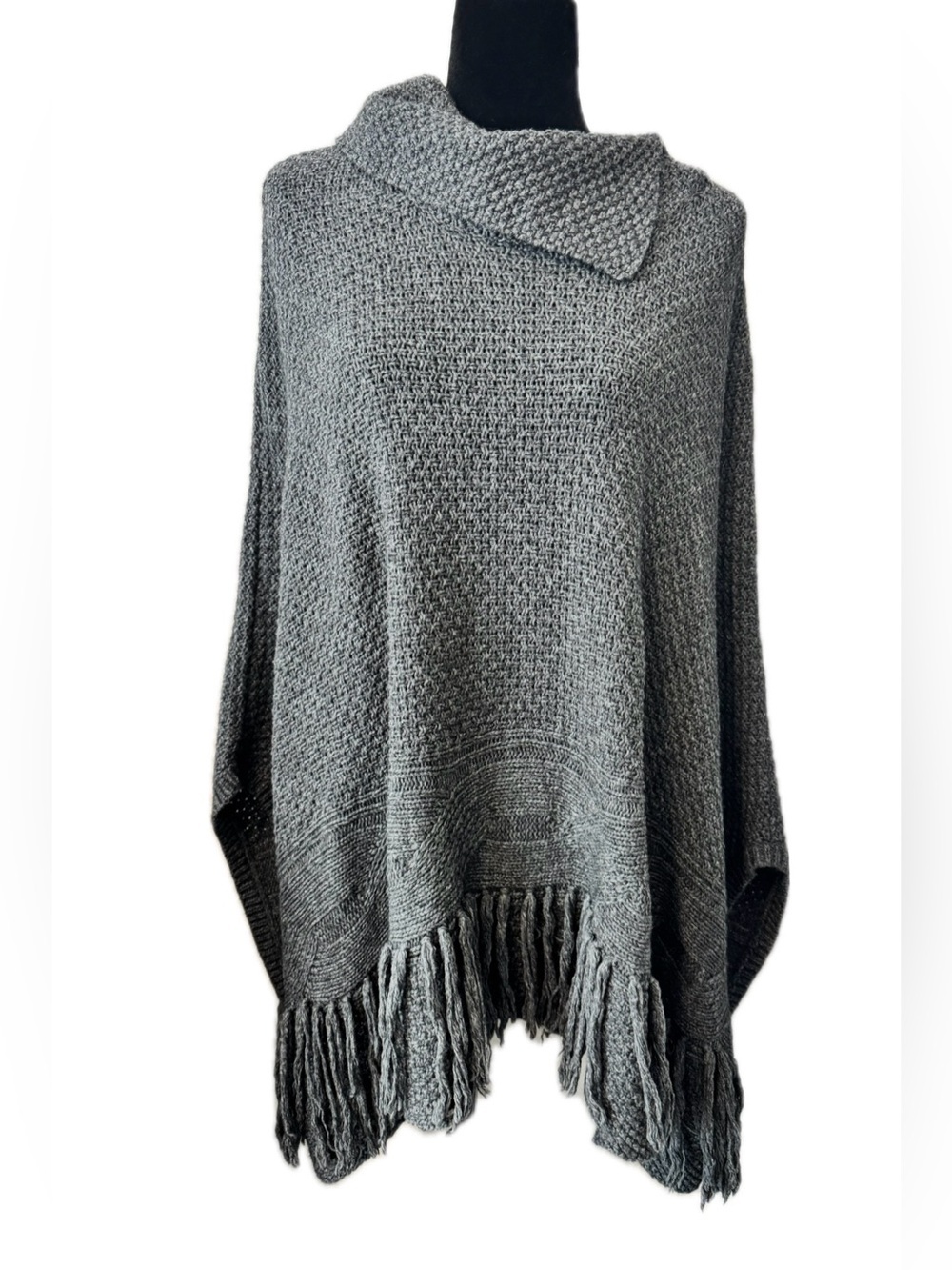Coldwater Creek Wool Blend Gray Fringe Poncho Cape Cowl Neck Wrap Travel OS